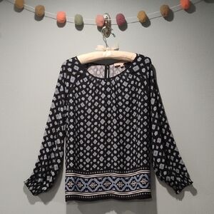 LOFT Black and White Printed Long Sleeve Blouse